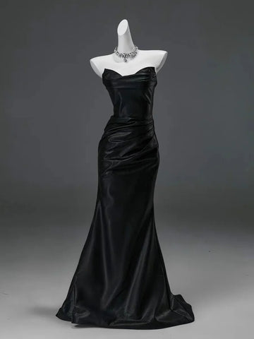 Black Mermaid Strapless Satin Long Prom Dress Evening Dress HZ1023